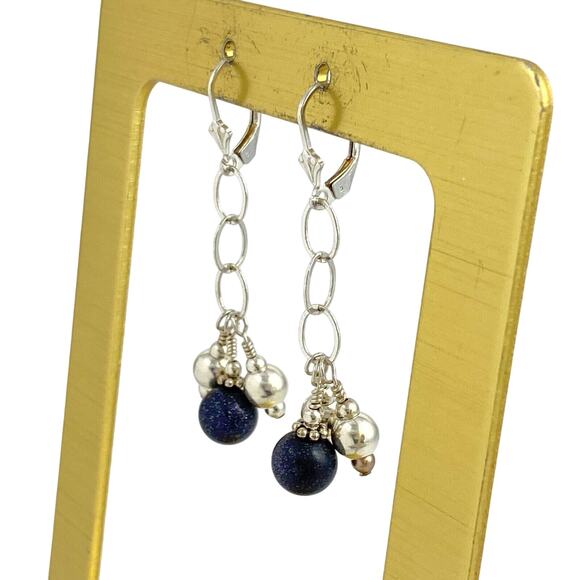 Blue Lapis Lazuli Bead Dangle Latch Back Earrings | Vintage Sterling Silver - Picture 6 of 9